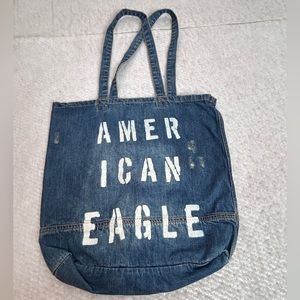 American Eagle Denim Tote Bag Blue Graphic Print  Double Handles Distressed